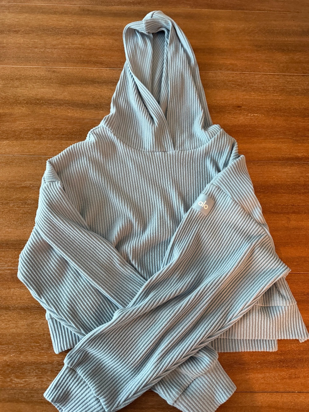 ALO Yoga Ribbed Hooded Pullover in Light Blue